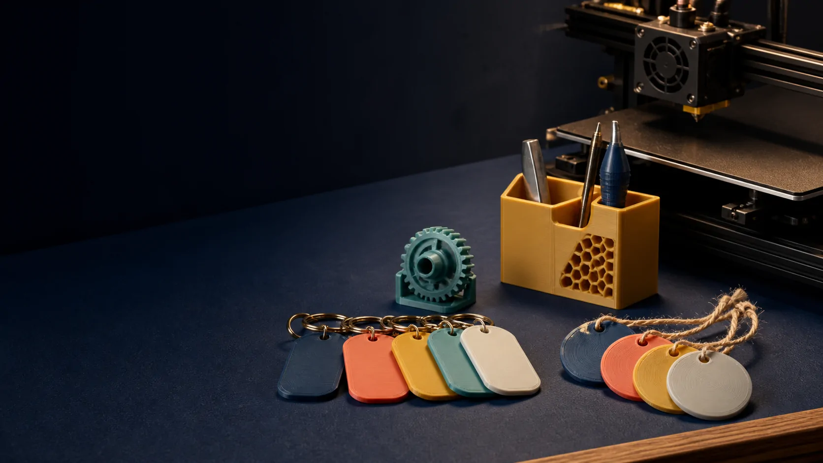 Bancada com chaveiros, miniaturas e peças coloridas produzidas em impressão 3D